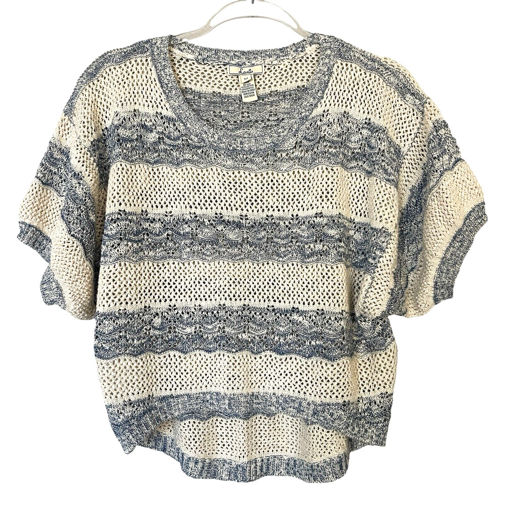 Lani Sweater Womens Medium Blue Cream Striped Boho Beachy Open Knit‎ High Low